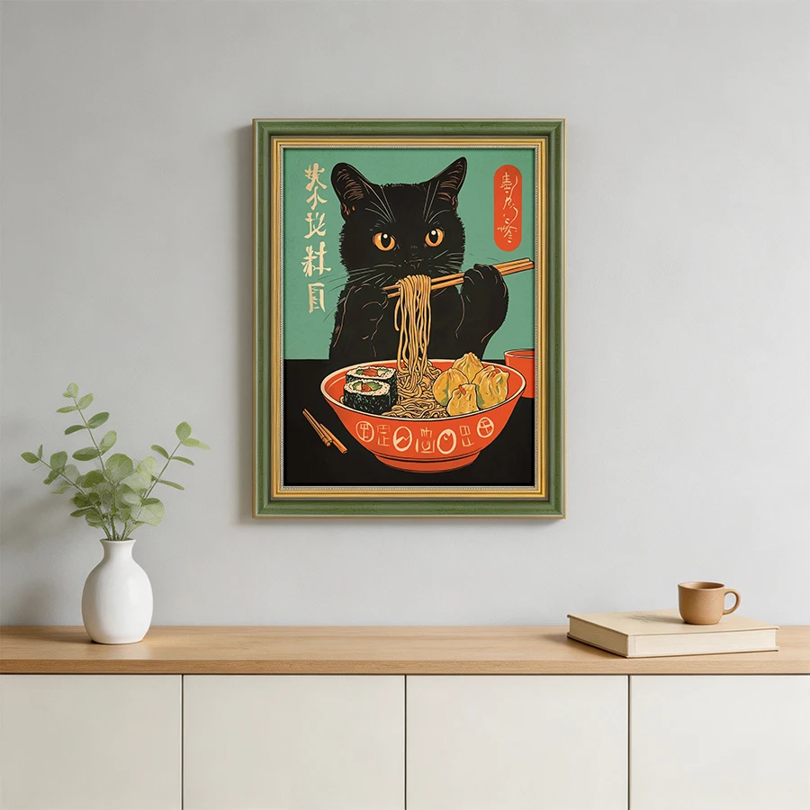 Vintage Japanese Cat Ramen Wall Art Poster Retro Ukiyo Print Funny Black Cat Eating Noodle Canvas Art Kitchen Home Decor Poster