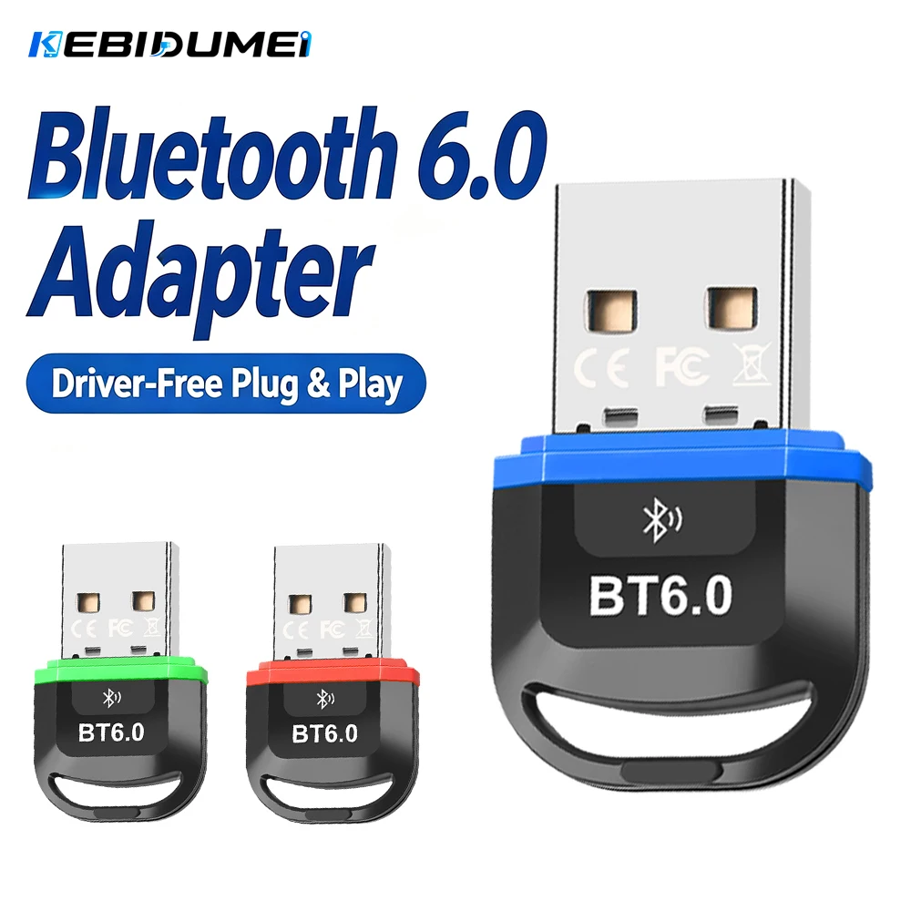 Kebidumei USB Bluetooth 6.0 Adapter Wireless Transmitter Receiver USB Dongle For Laptop Mouse Keyboard Speaker Windows 8.1/10/11