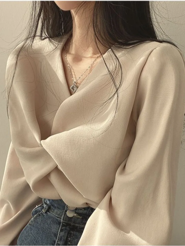 

Новая весенняя женская свободная блузка с рукавами-фонариками и V-образным вырезом, с узлом, универсальный шикарный топ в корейском стиле, повседневная одежда