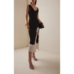 Sexy Black Deep V Neck Sheath Evening Dress For Women 2025 Exquisite Lace Patchwork Side Slit Prom Gowns