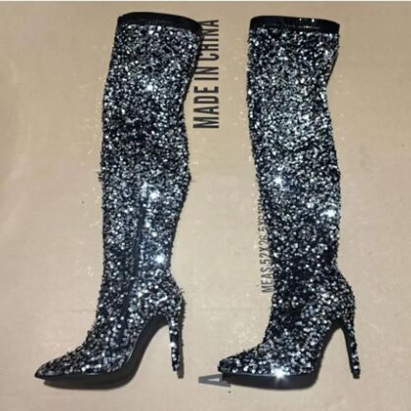 Black Fish Scales Sequined Bling Over The Knee Boots Women Fashion Pointed Toe Thigh Long Boots Run Way Party Long Botas Shoes