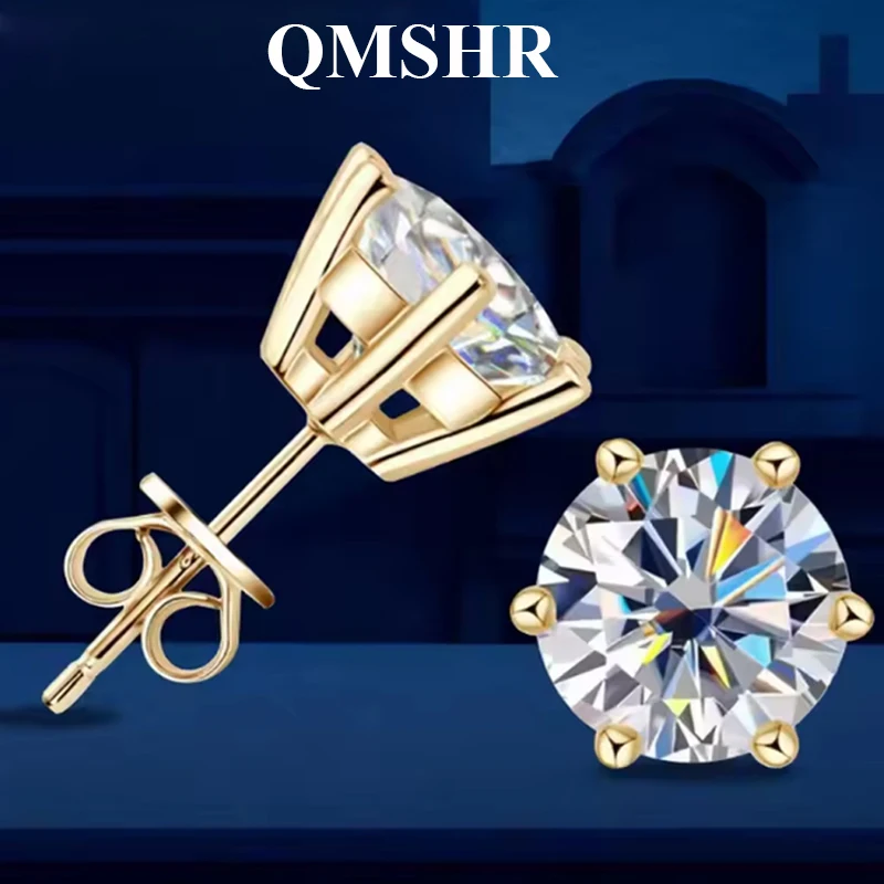 

QMSHR 0.5-2CT Moissanite Diamond Stud Earrings 18K Yellow Gold Plated 925 Silver Wedding Earring for Women Men Jewelry with GRA