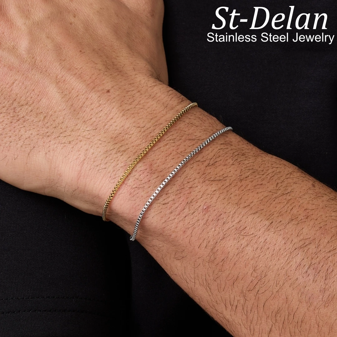 St-Delan Stainless Steel Box Chain Bracelet 1.5mm Thin Adjustable Extension Chain Simple Women Men Jewelry