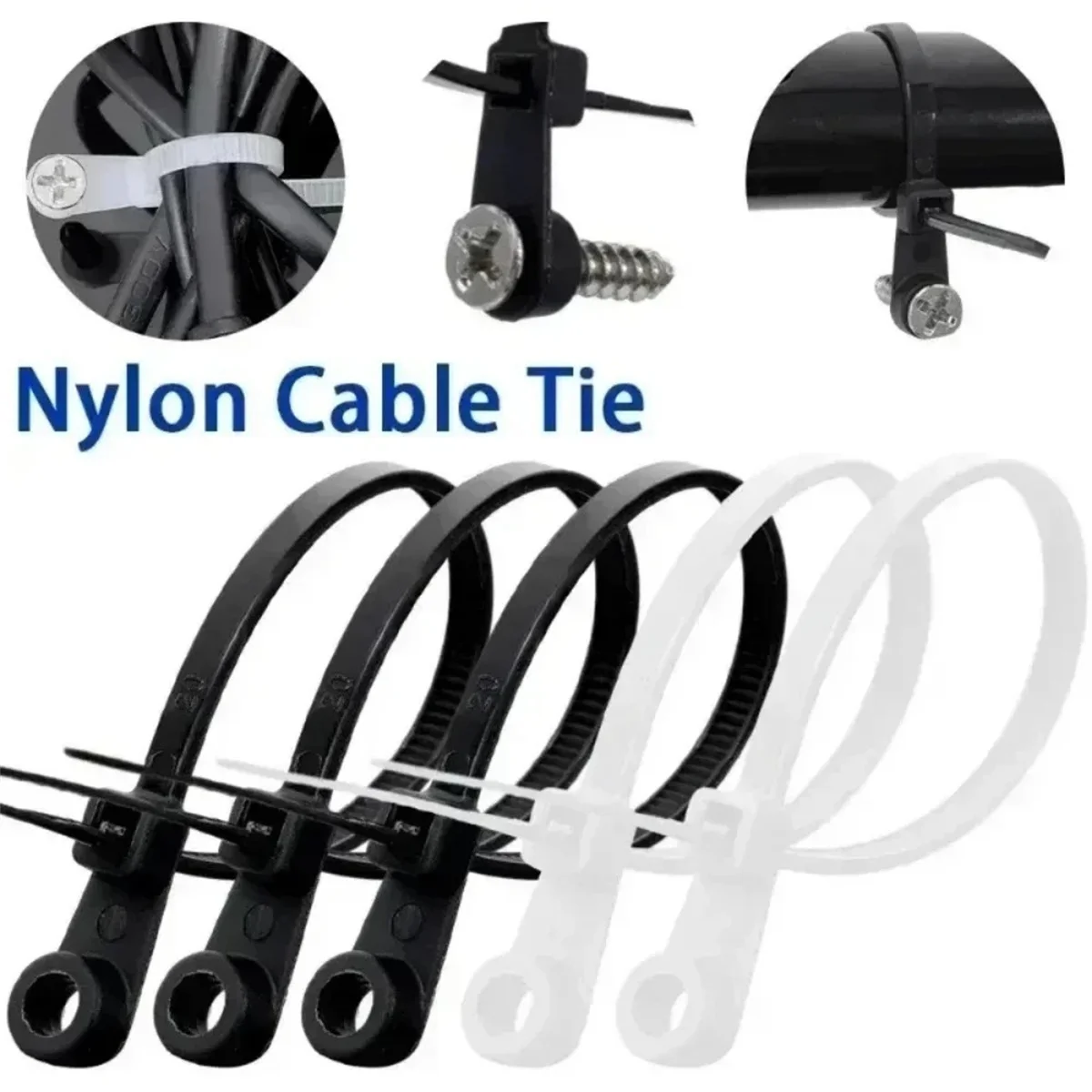 100/500PCS Screw Hole Nylon Cable Ties Multipurpose Duty Adjustable Self-locking Cord Ties Organizer Straps Fastening Loop