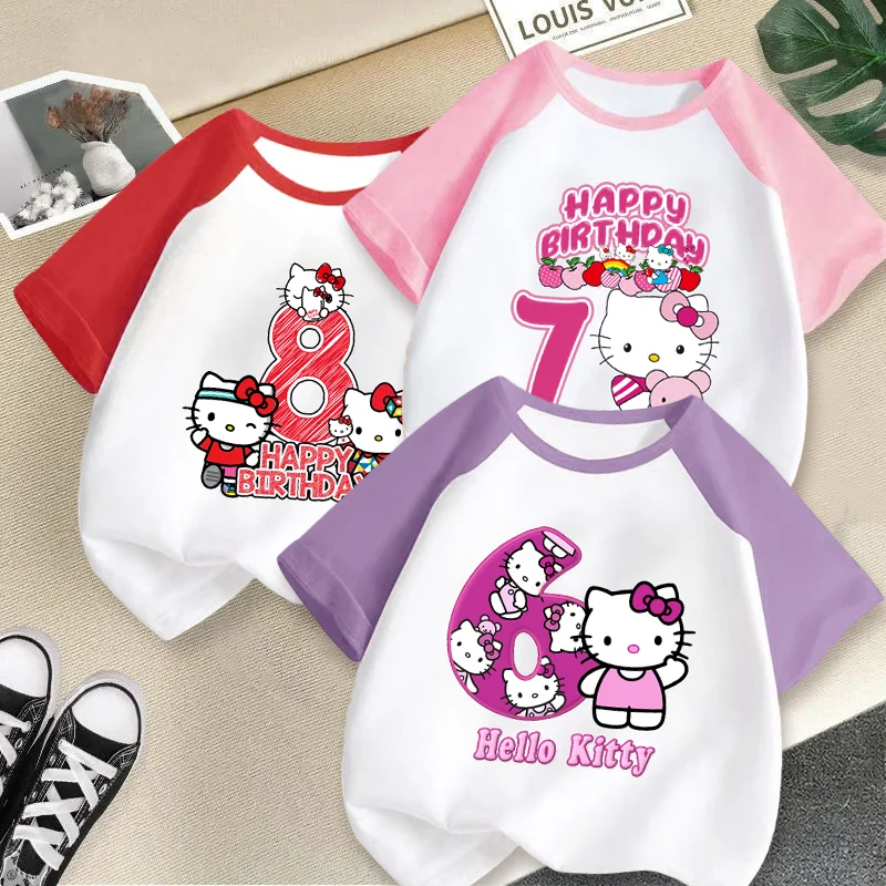 

Hello Kitty Kids Raglan T-shirt Girls Birthday Party Short Sleeves Cartoon Graphic Cotton T Shirts Child Fashion Summer Clothes