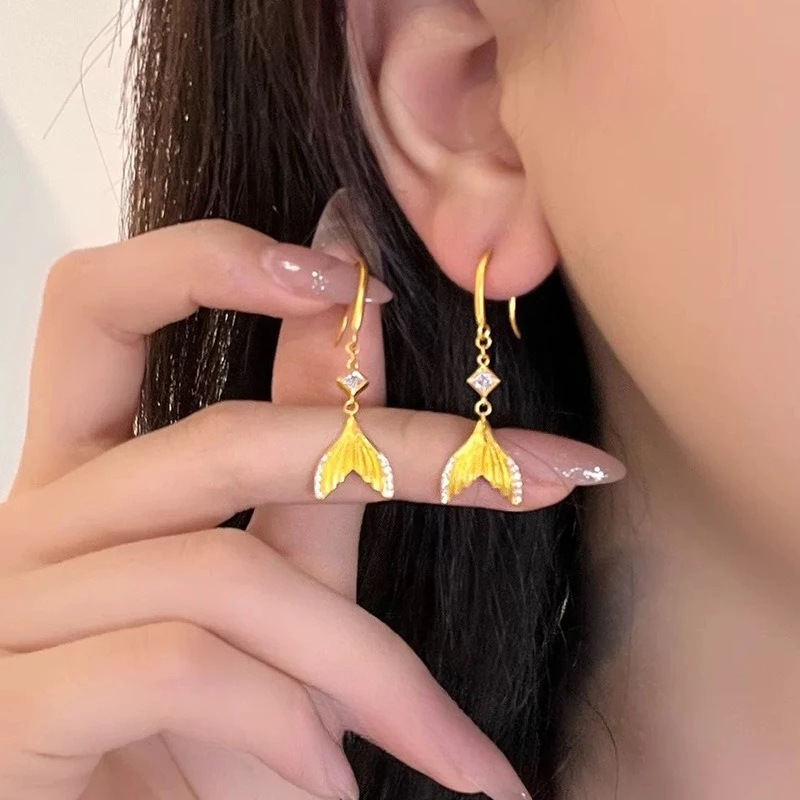 

Genuine 18K Fish Tail Ear Hook Ancient Method Point Drill Earring for Women Elegant Drop Earrings Party Fine Jewelry Gifts