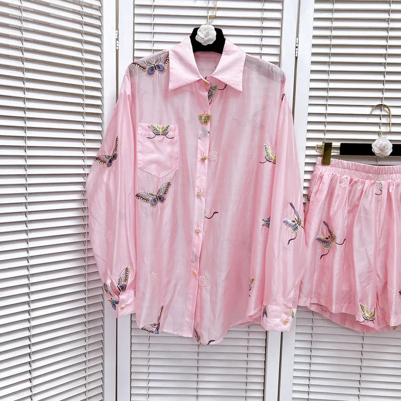 2024 Summer New Embroidery Light Pink Shirt Shorts Suit Women Classic Butterfly Decorative Buttons Shirts Top Shorts 2-Piece Set