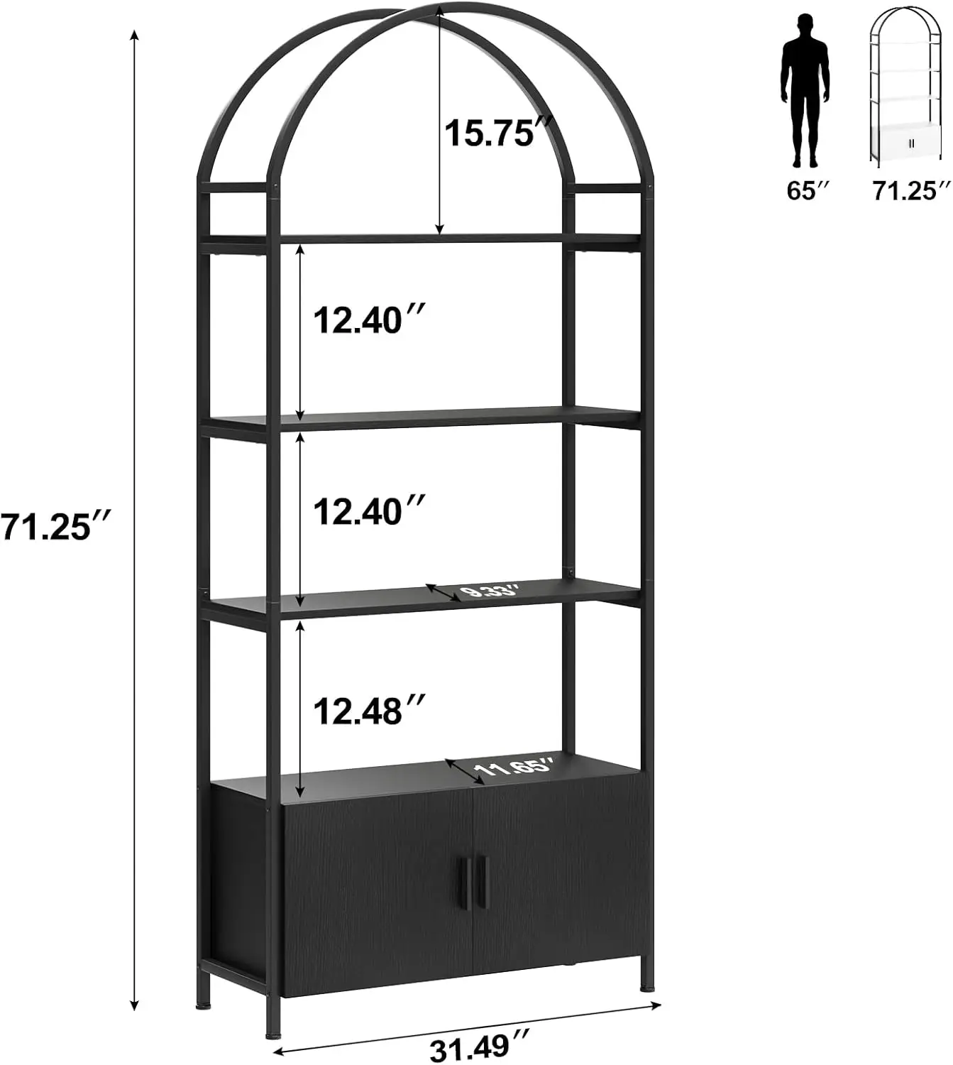 Arched Bookshelf, Bookcase with Doors Storage, 71 Inches Tall Industrial Book Shelf with Sturdy Metal Frame, E1 Quality Boards