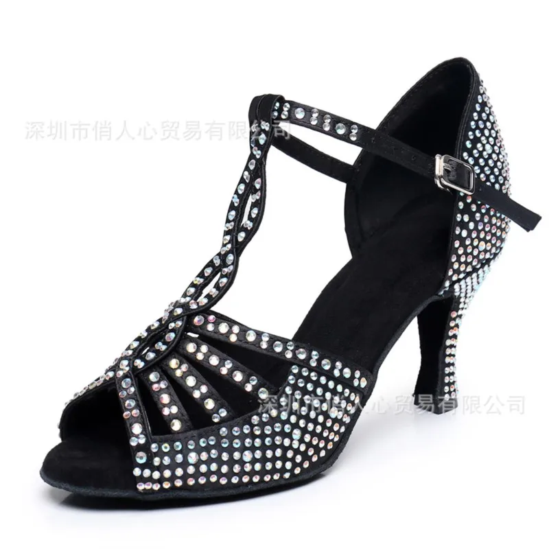 Cross-border black rhinestones Latin shoes female adult indoor professional soft-soled senior dance shoes with diamond