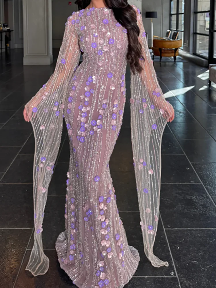 

Элегантные фиолетовые аппликации из бисера с длинными рукавами, прямые вечерние платья, платья для дня рождения, выпускного вечера по индивидуальному заказу