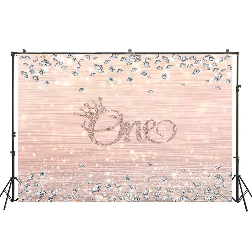 

Girl First Birthday Backdrop Cake Smash Background Glitter Pink Champagne One With Crown Diamonds Shimmer Bokeh Lights Wallpaper