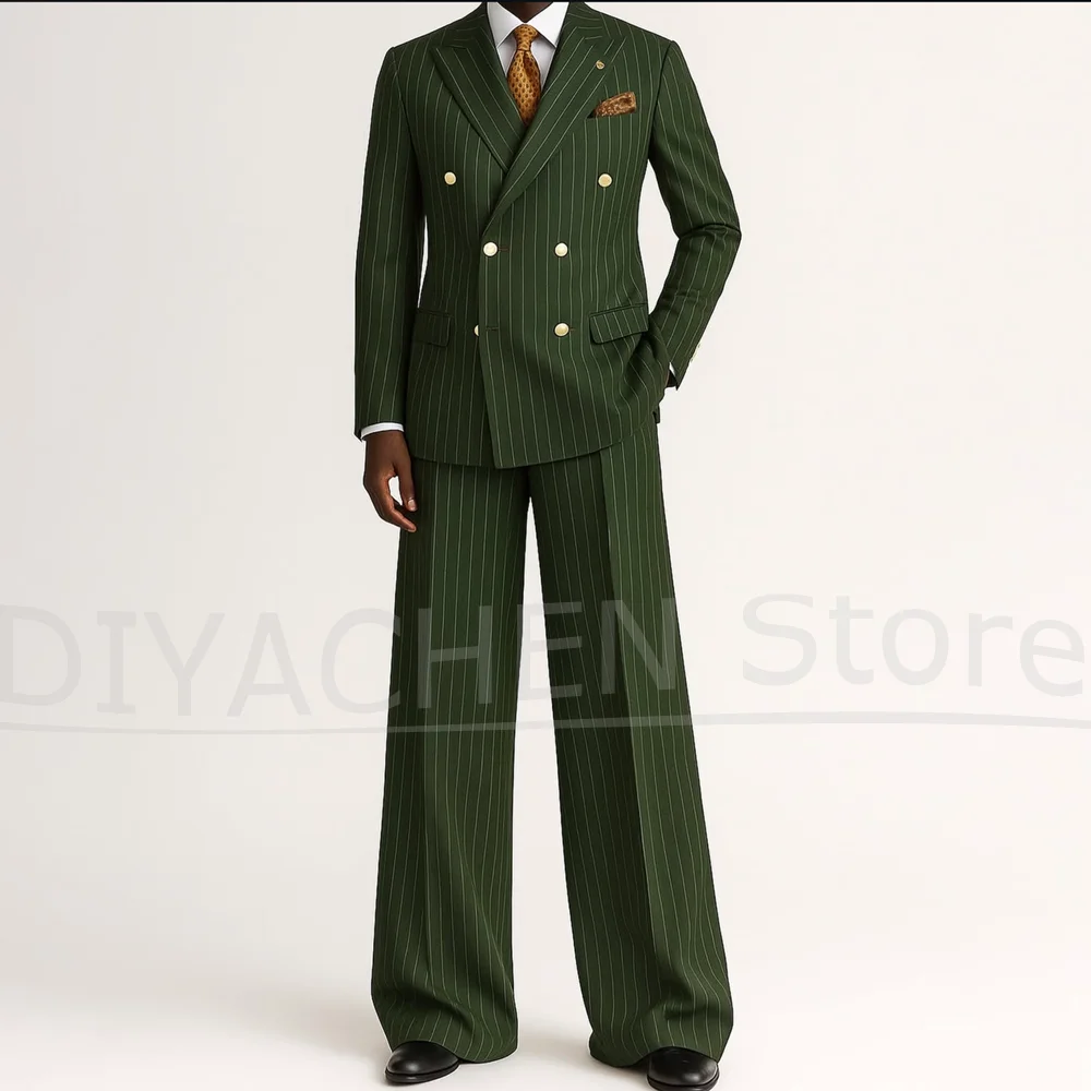 Men's Striped Double Breasted Suit Set Fashion Peak Lapel Formal Outfits 2 Piece Wedding Business Events Casual Male Suit