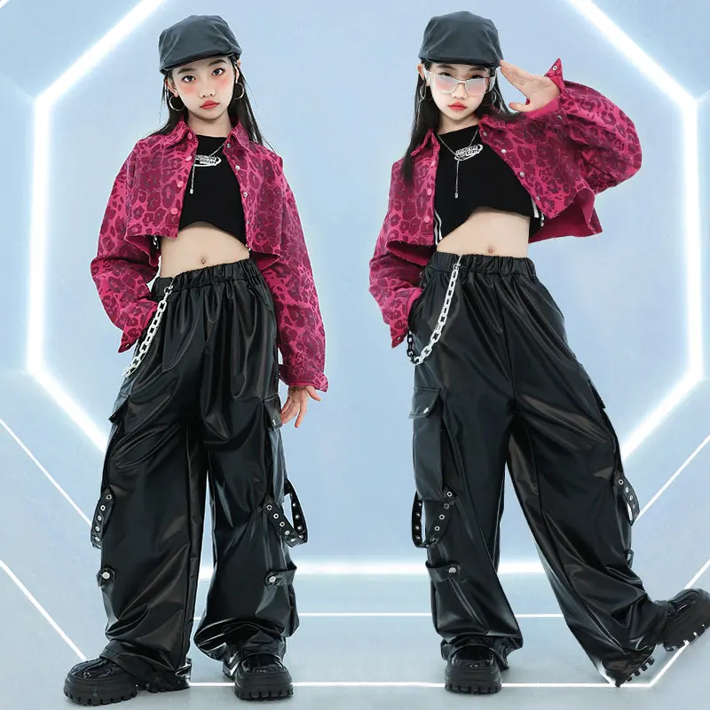 

Girls K-pop Leopard Crop Top Shirt Cargo Pants Kids Hip Hop Jacket Street Dance Clothes Sets Children Teens Jazz Cool Costumes