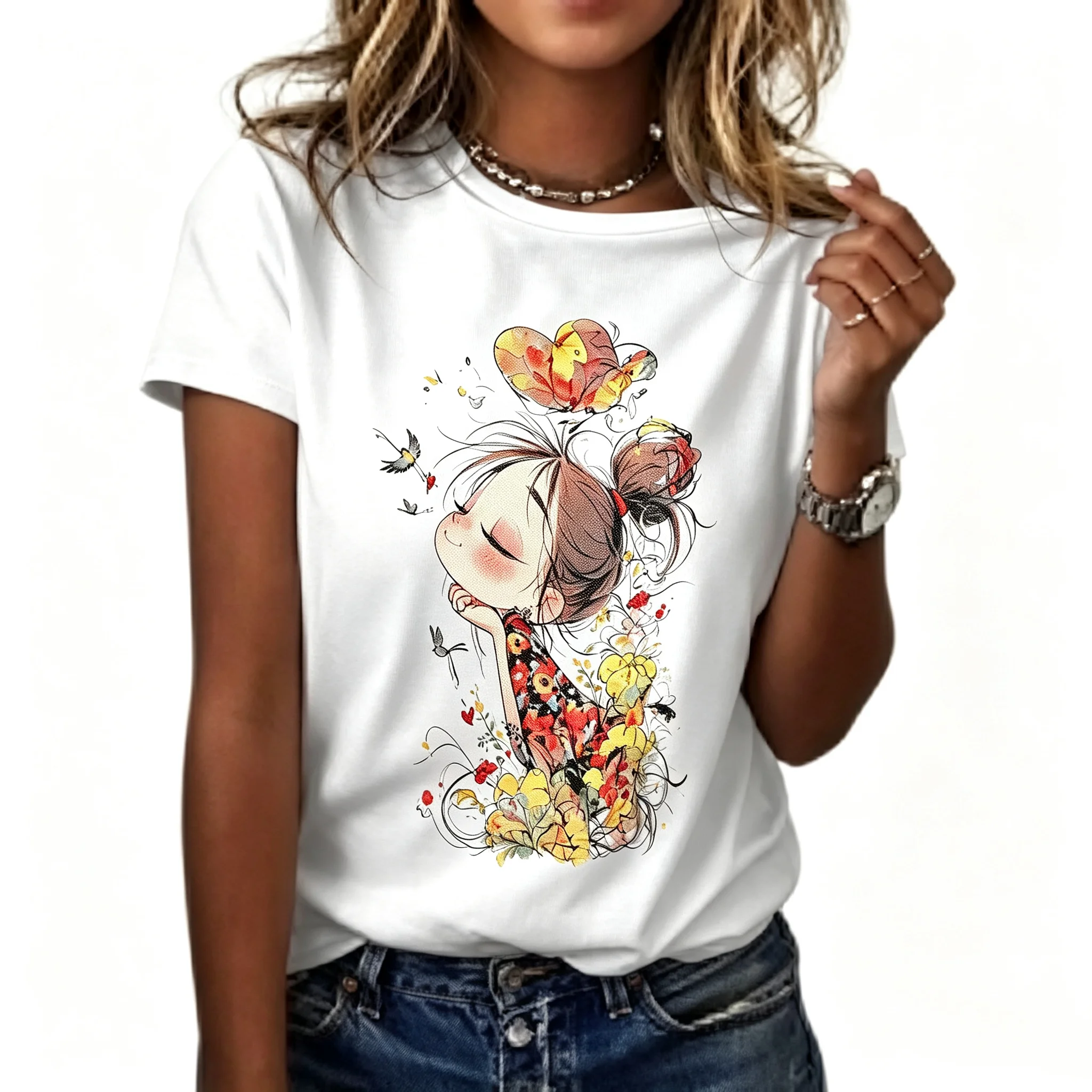 Women's cartoon pattern T-shirt with 3 optional patterns, printed short sleeved round neck T-shirt, summer casual daily top