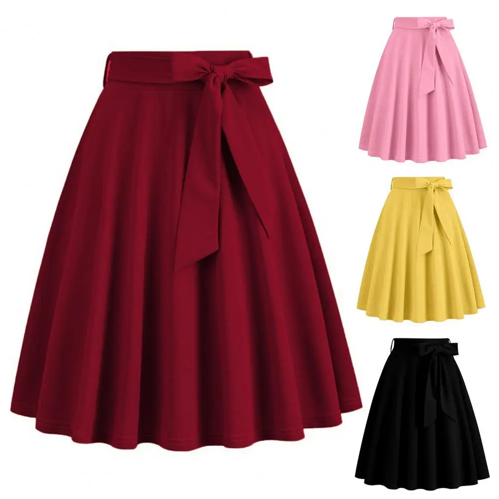 Women Skirt Solid Color Vintage A Line Flare Ight Waist Bow Decor A-line Big Swing Skirts Womens Summer Swing Skater Skirt Belt