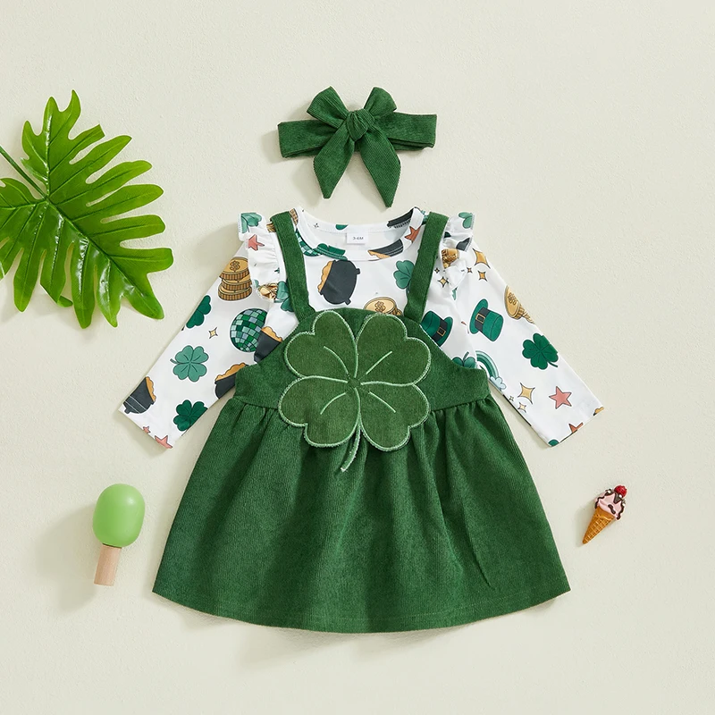 St Patrick s Day Baby Girls Outfit Set with Shamrock Print Romper Suspender Skirt and Matching Headband for Irish Celebration