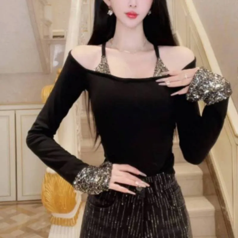 New Pure Desire Spice Trendy Stylish And Stylish Off-the-shoulder Top Versatile And Slimming Sequined T Shirt For Women