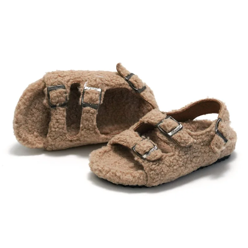 2022 Baby Boy/Girl Wool Shoes Winter Cork Sandals Infant Double Buckle Band Lambswool Shoes Child Plush Cotton Fur Clog Boots