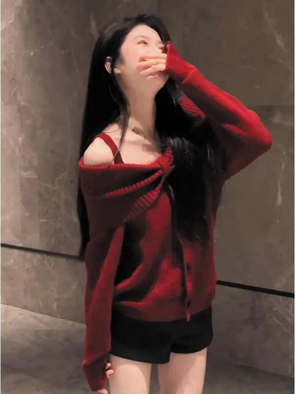 Czerwony sweter z odkrytymi ramionami, dzianinowy, damski, na wczesną jesień, luźny, relaksujący, seksowny top z odkrytymi ramionami, miękki...