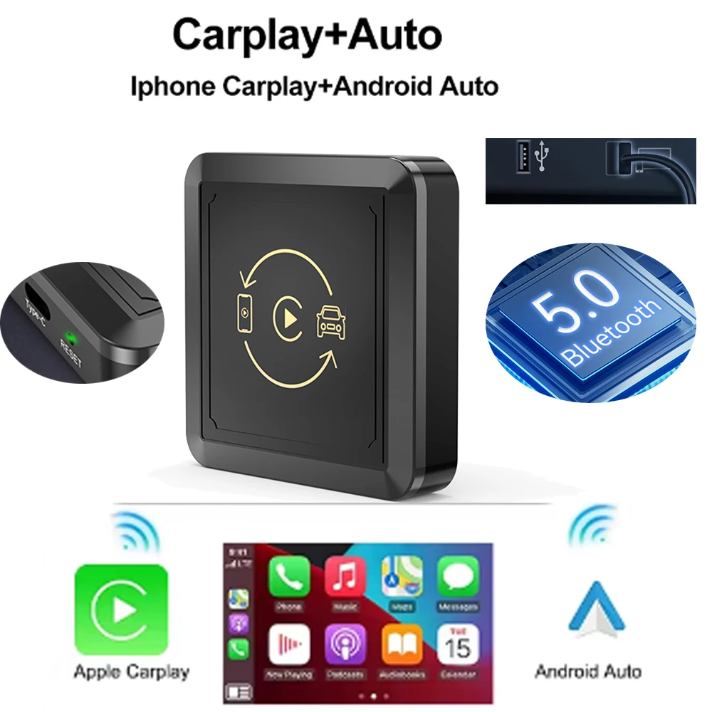 Adaptador de Carplay inalámbrico con cable para Apple/USB A/tipo C, conexión USB Plug And Play, adaptador de coche automático