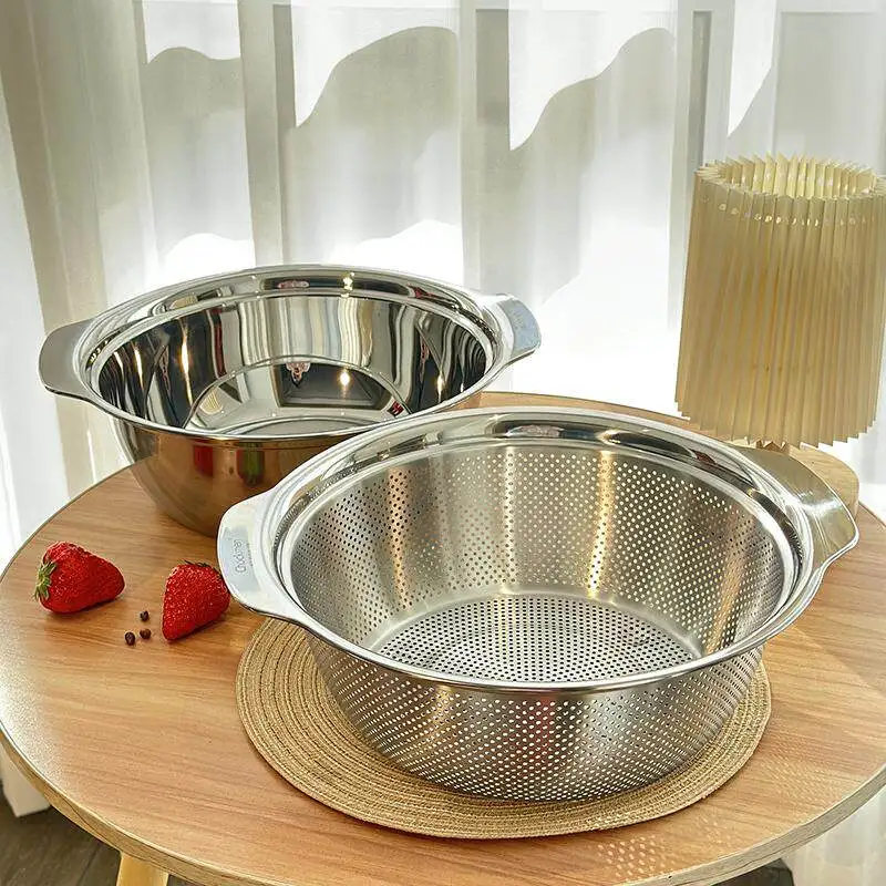 Stainless Steel Colander Washing Basin, Thickened Kitchen Sink Bowl for Washing Rice, Double-Ear Multi-Purpose Food Cover
