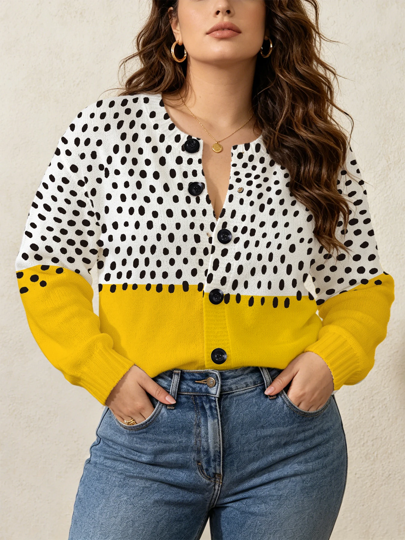 Women's Cardigan Knit Top, Thin Style for Autumn and Winter, Yellow and White Color-Blocked Polka Dot Pattern, Non-Positioned Print, American Retro Casual Style, Suitable for Everyday Casual Wear view 3
