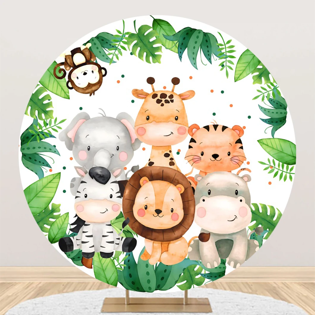 Wild One Jungle Safari Round Photography Backdrop Cover Baby Shower Girl Boy 1st Birthday Party Forest Animals Circle Background