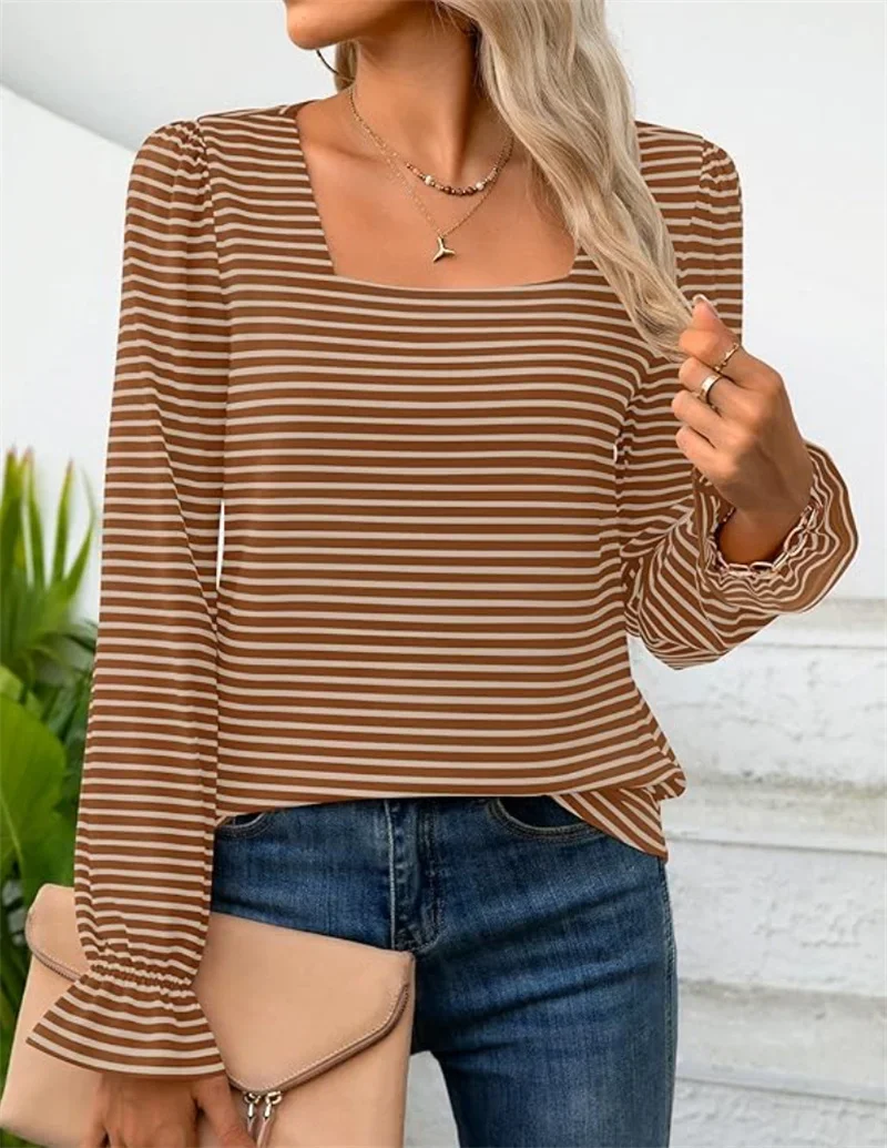 Women Square Neck Colour Blocking Stripe T-Shirt Spring Autumn Ruffle Long Sleeves Tops Female Comfortable Casual Commuter Tees