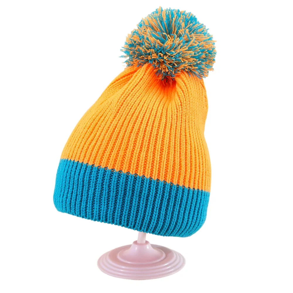 Women Pom Pom Hat Winter Beanie Bright Colour-block Outdoor Neon Yellow Blue Ribbed Knit Ski Cap