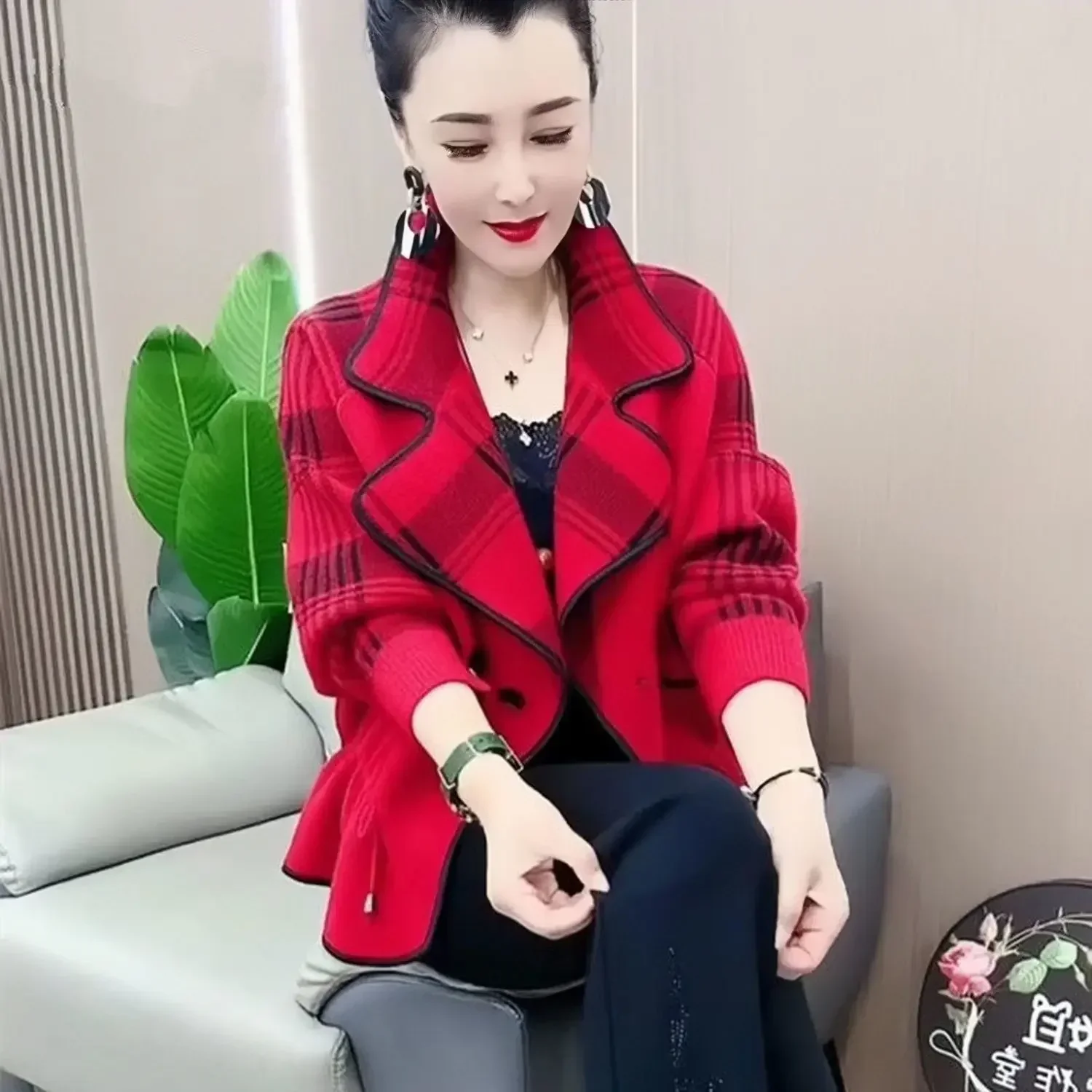 

Mixtures Jacket Woman Plaid Korean Style Clothing Slim Fit Wool Blend Coat for Women Medium Long Sleeve New In Luxury Cheap Hot