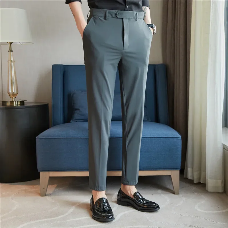 High Elastic Men Pants Summer Thin Fashion Casual Suit Pants Men\'s Business Formal Straight Sleeve Trousers Mens Plus Size 28-38