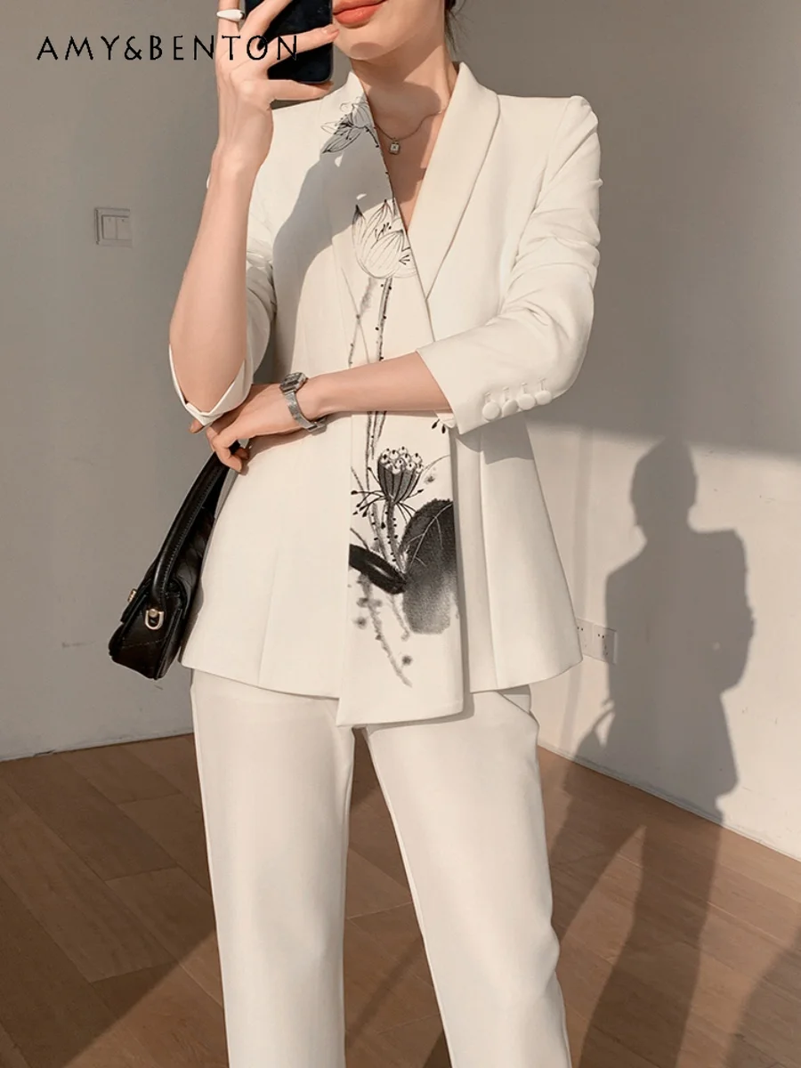 

Commute Style Elegant Professional White Suit Set Spring New High-Grade Retro Printed Coat Wide-Leg Pants Two-Piece Set Women