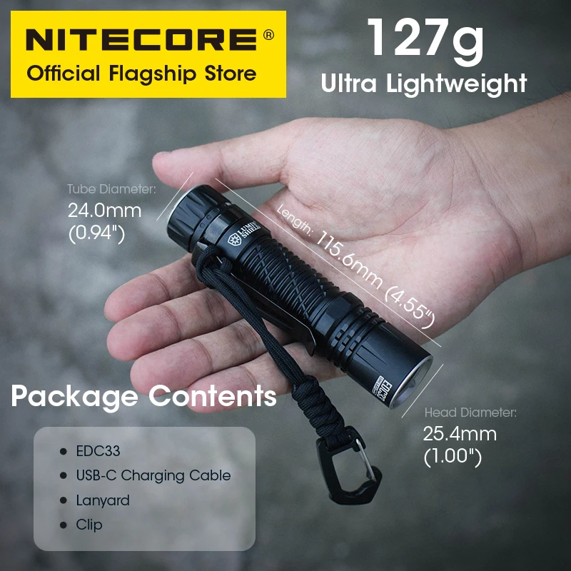 NITECORE EDC33 EDC Tactical Flashlight USB-C Rechargeable Torch Light 450 Meter UHi 20 Max,Built in 4000mAh 18650 Li-ion Battery