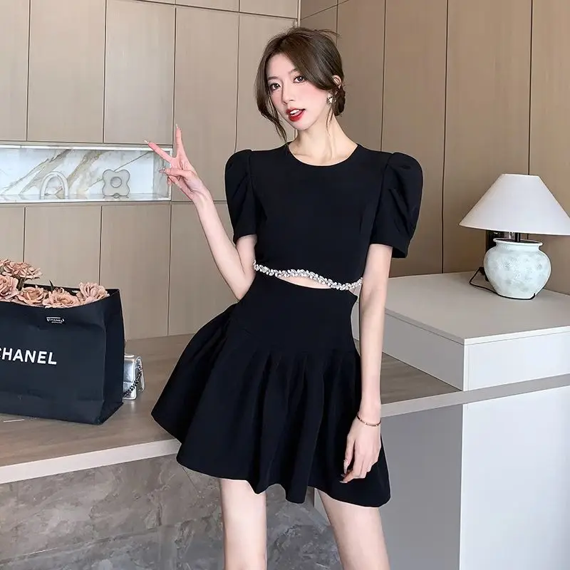 Korejpaa Elegant Women Dress 2024 Summer French Style Mini Dresses Outwear Puff Short Sleeve Slim Waist Hollow Pleated Vestidos