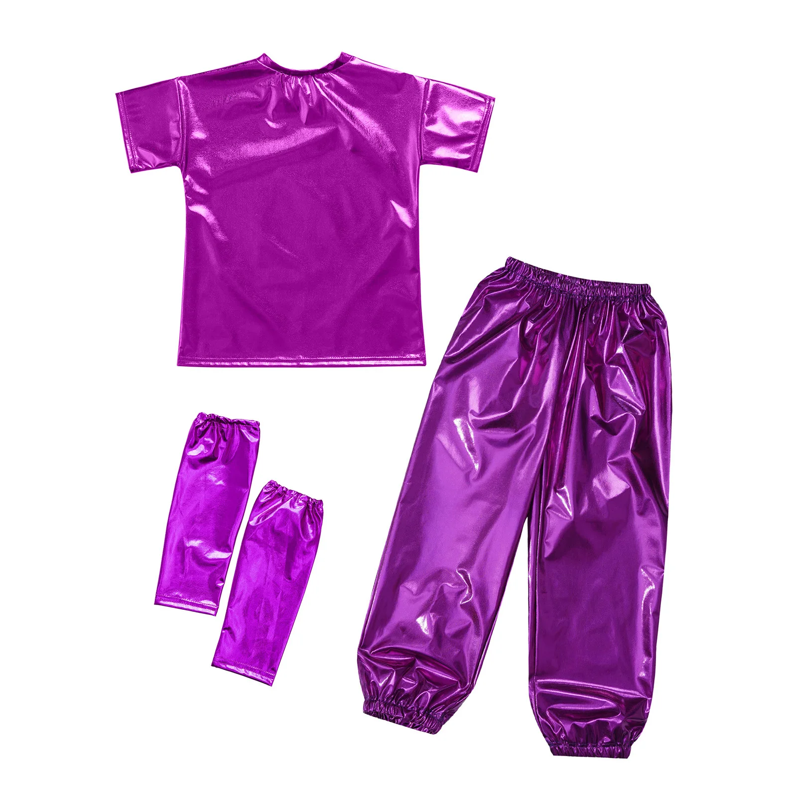 Jungen Mädchen Hip-Hop Jazz Dance Outfits Kostüm Kurzarm Metallic Shiny T-Shirt mit Hosen Handschuhe für Performance Dancewear