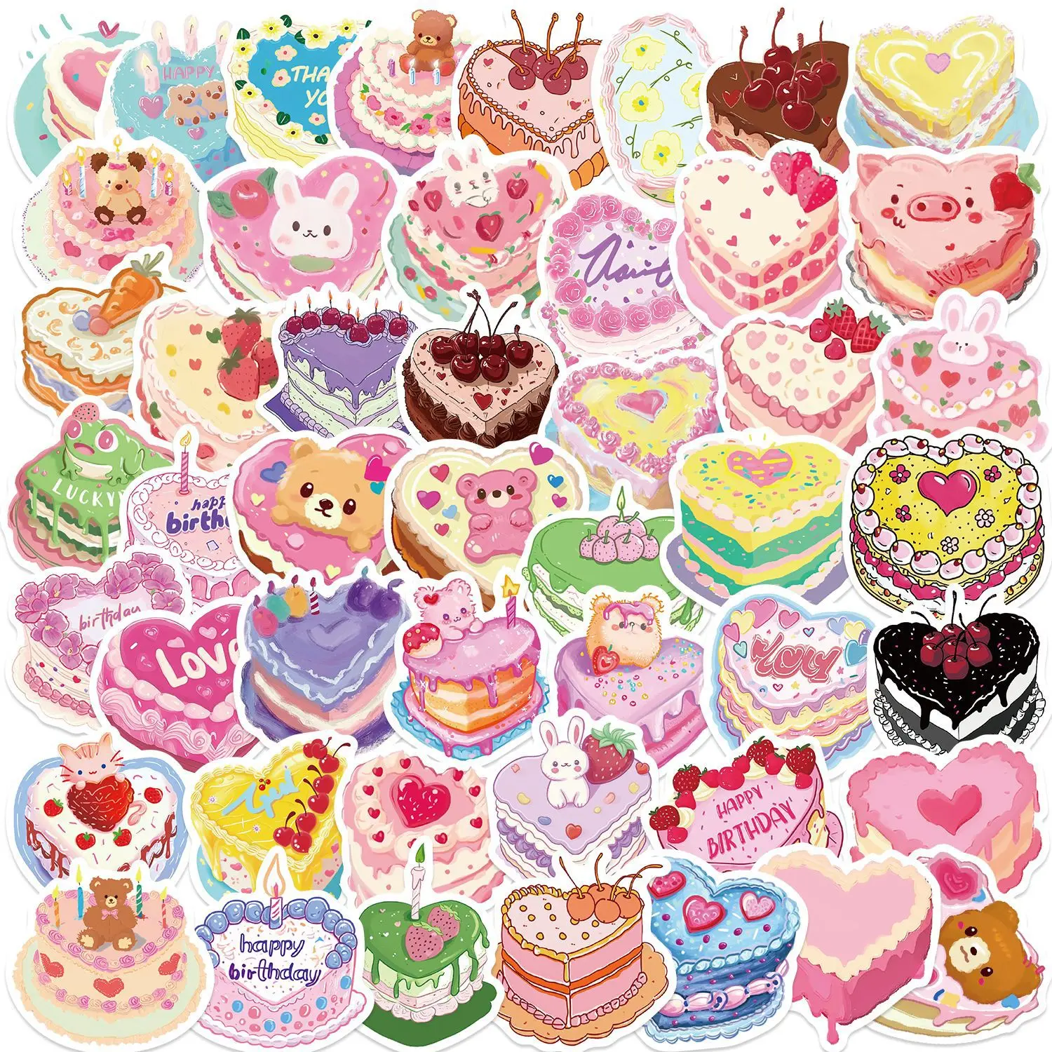 50pcs Heart Shaped Cake Cute Cartoon Graffiti Stickers DIY Phone Guitar Laptop Notebook Suitcase Cup Waterproof Sticker Kids Toy