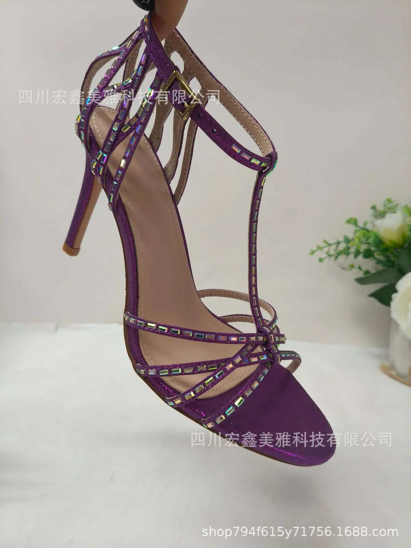 Women's stilettos glitter crystal T-strap leather sandals pink/gold/blue high heels luxury designer summer chic party shoes - view 6