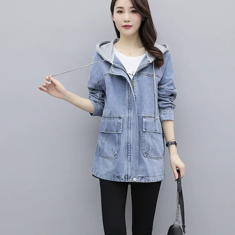 2024 Spring and Autumn New Hooded Denim Jacket Female Mid-Length Student Korean Loose Windbreaker Coats Clothes Woman Jacket