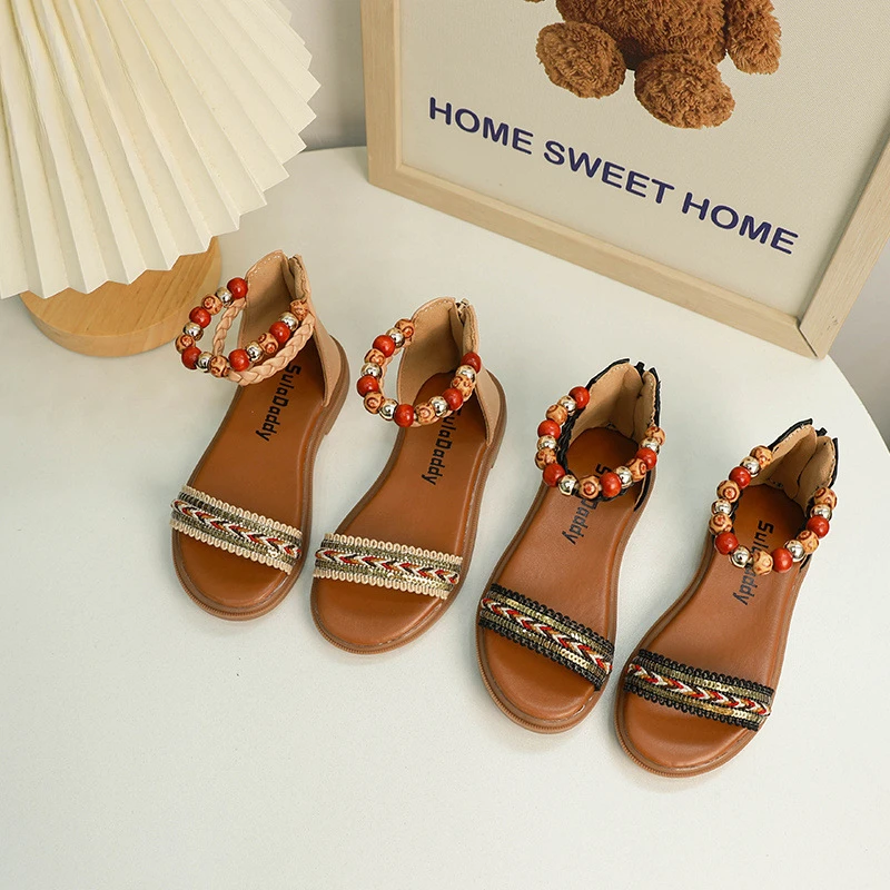 

New Little Girl Sandal Summer National Style Children Causal Princess Open-toe Sandals Fashion Beading Strap Kids Roman Sandals