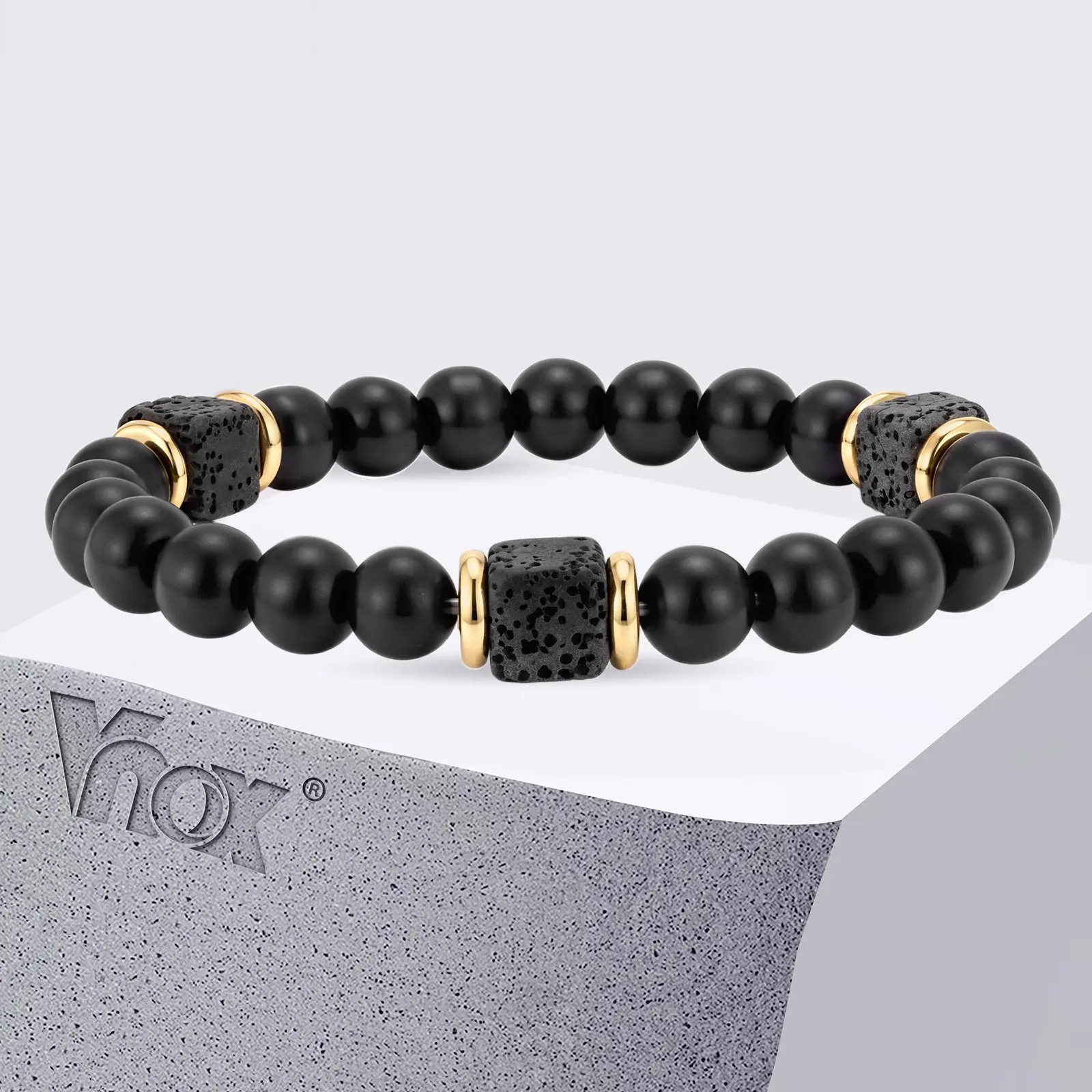 Vnox Natural Lava Stone Black Agate Beaded Bracelet Tone Square Beads Elastic Stretch Energy Jewelry Fashion Gifts for Men Women