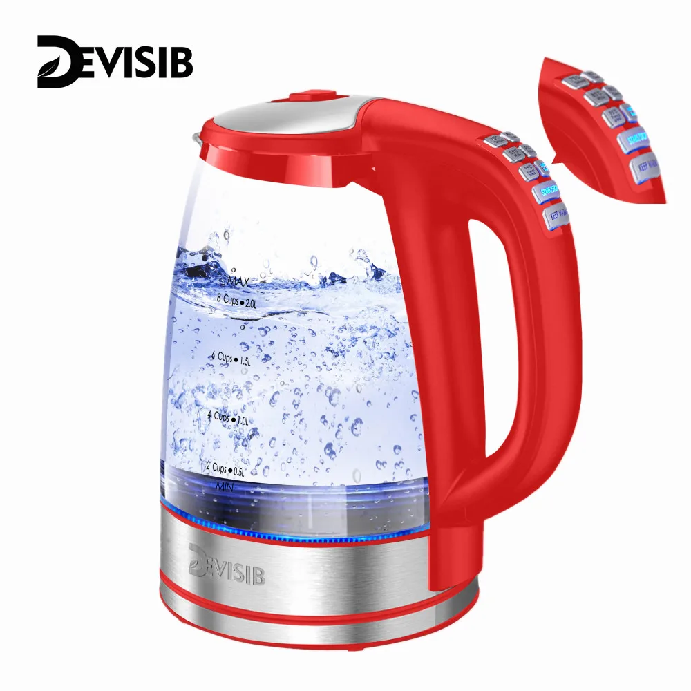DEVISIB Electric Glass Kettle, 2200W Fast Boiling, Temperature Control, 4-Hour Keep Warm, 2.0L Tea Kettle & Hot Water Boiler