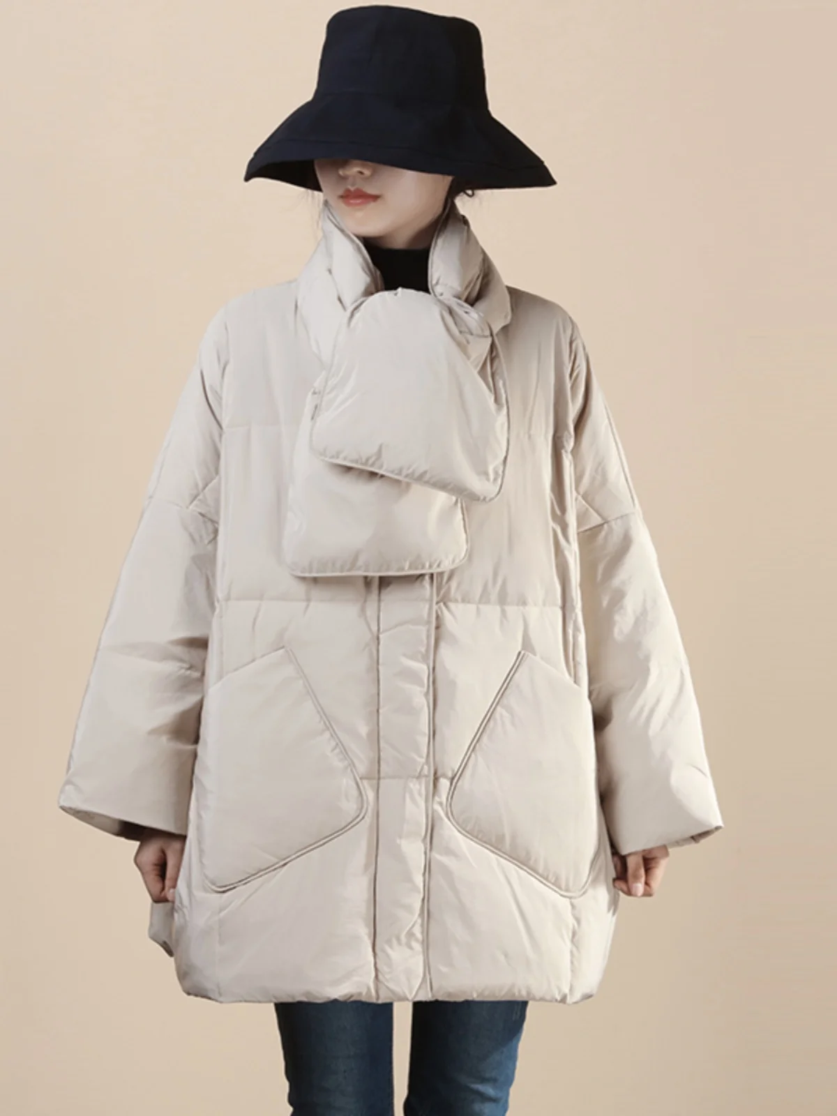 

Женская утепленная куртка-пуховик в стиле ретро с воротником-шарфом, корейский стиль, большие размеры