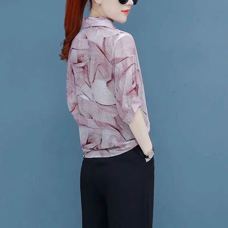 Camisa casual estampada com botão gola polo feminino, manga curta com renda, elegante viajante solto, camisa de chiffon versátil, blusa de verão,