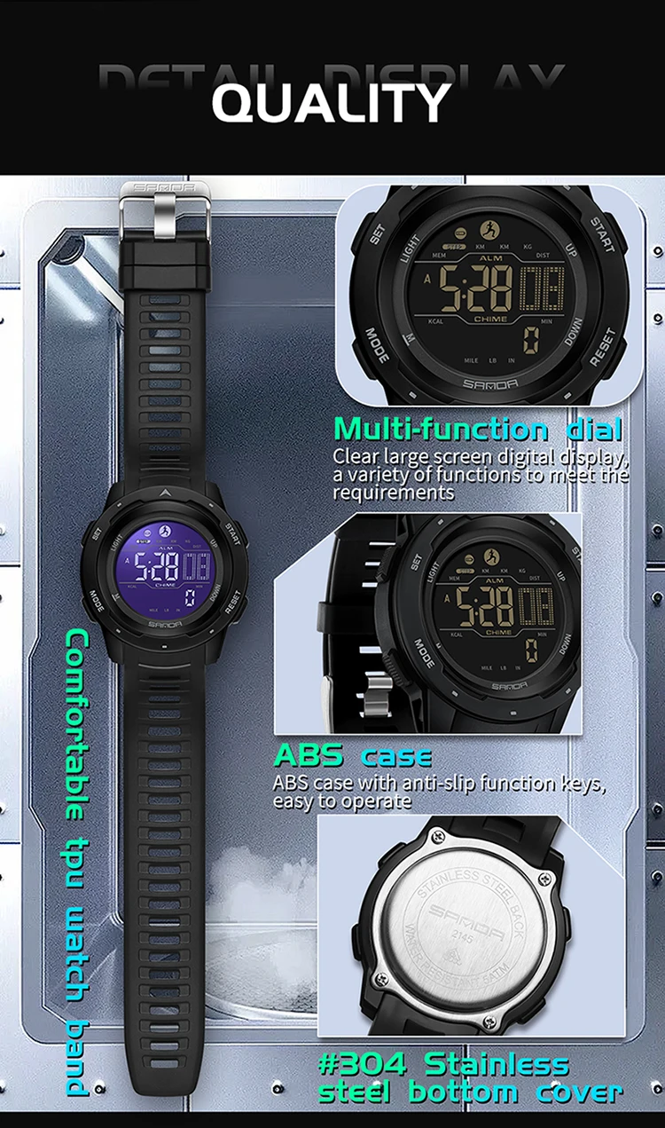 SANDA 2145 Herren-Sportuhr, Schrittzähler und Kalorienzähler, 50 m wasserdichte LED-Digital-Militärarmbanduhr, Relogio Masculino – Detail 18
