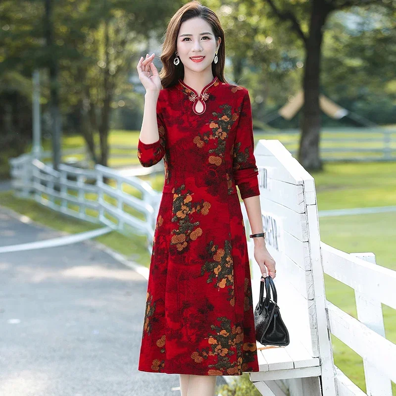 

Evening Party Dress Elegant Spring and Autumn Women New Cheongsam Retro Dress Printing Party Dress