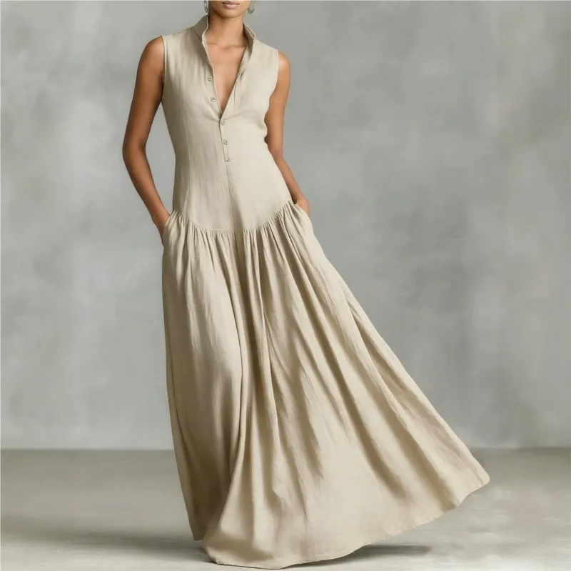 

Boho Vacation Dresses 2026 summer V Neck Sleeveless Button Solid color Ruched Waist Hem Swing Maxi Dress Women Clothing Female