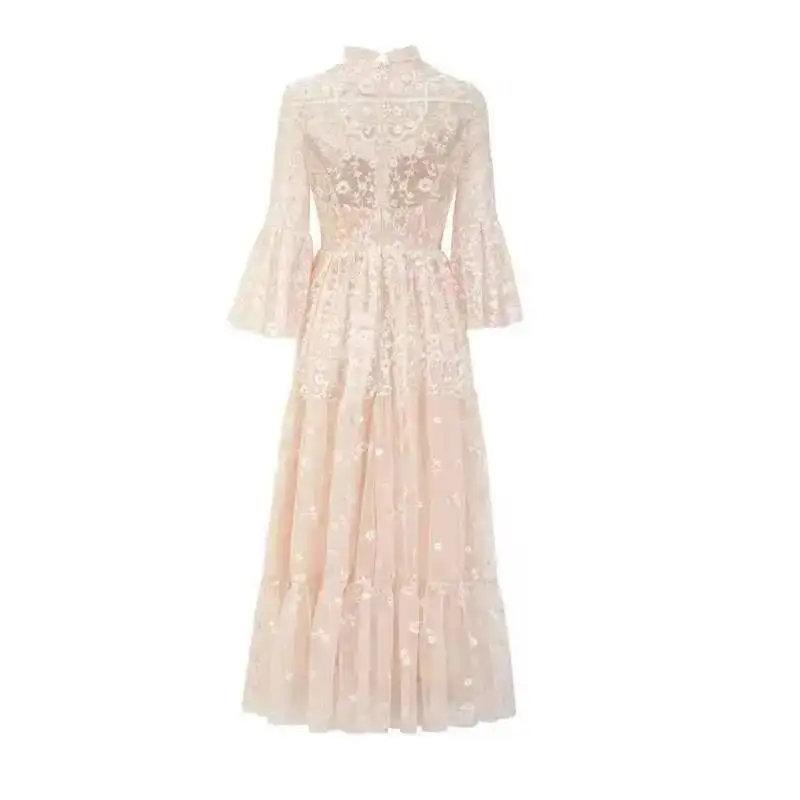 HKSH Sprig Autumn Women Chic Elegant Y2K String Flower Mesh Embroidered Dress Flared Three Quarter Sleeve Long Skirt Gown HK4149