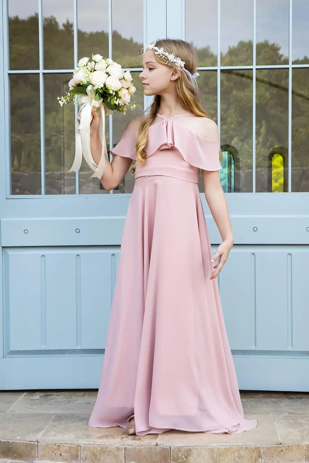 Een lijn junior bruidsmeisjekleding bloemenmeisjesjurk chiffon maxi mouwloos a-lijn voor bruiloft tienermeisjes feestjurken meisjesjurk