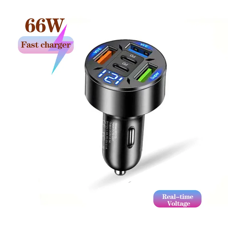 66W 5/6Port USB Digital Real-time Voltage display car super charger QC30/PD for Phones fast charging cigarette lighter adapter