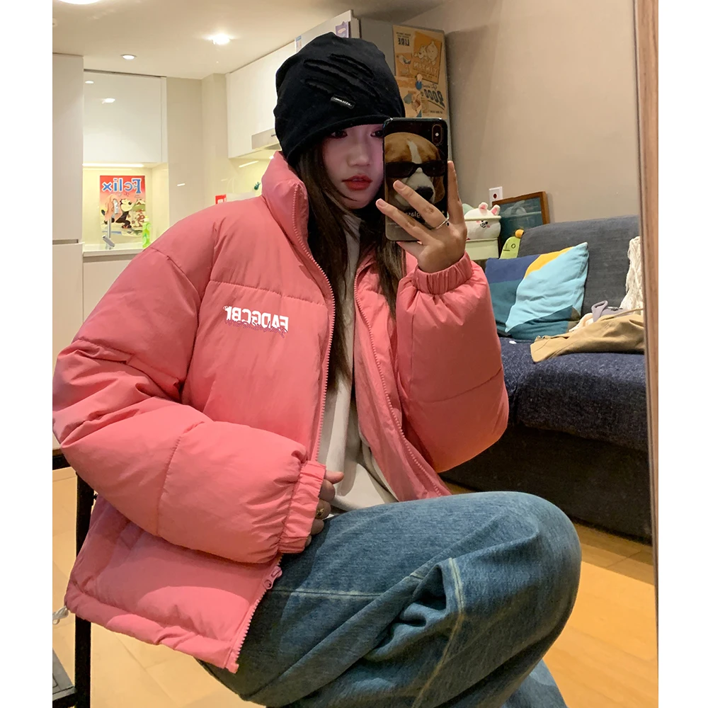 

Pink down Cotton Jaet Thiened Winter Coat Bread Sle American High Street Couple Outerwear Trendy Brand Youth Casual Coat